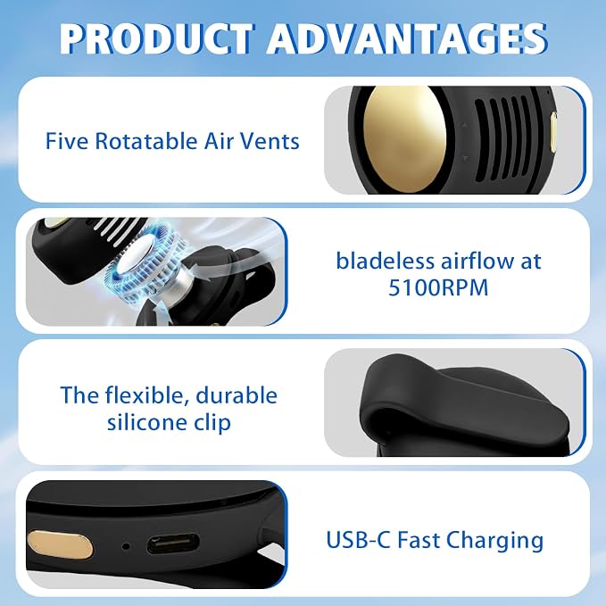 Portable Fan,Clip On Waist Bladeless, Ultra-Quiet Personal Mini Neck Fan | 3 Speeds with 360°Adjustable Clip Mini Fan Personal USB Rechargeable Small Fan for Summer