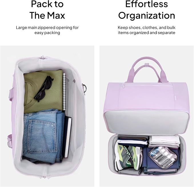 Travel Duffle Bag for Women, 40L Weekender Bags Airline Approved Carry On with Shoe Compartment & Waterproof Wet Pocket, Durable Nylon Weekender Overnight Bag for Travel, Gym, Business Trip, Purple