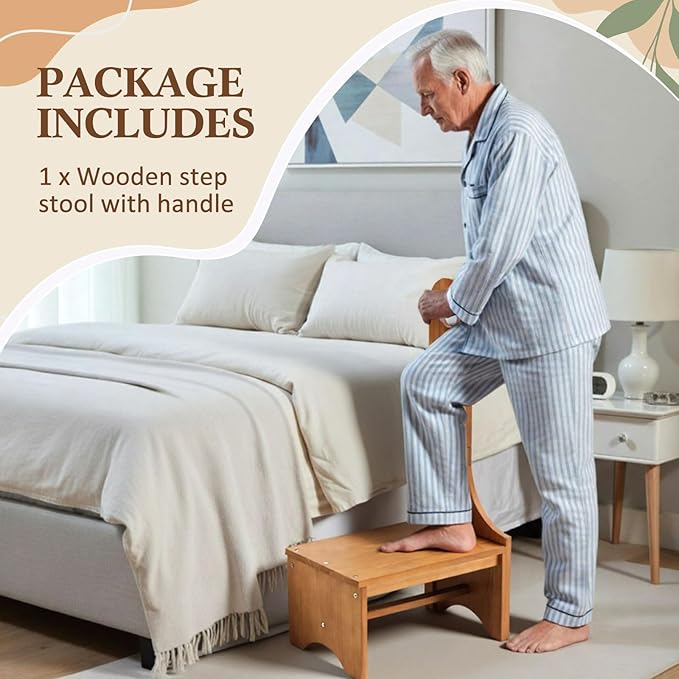 Wooden Step Stool with Handle for Adults, Elderly & Seniors, 9'' Wood Bedside Steps for High Beds Heavy Duty Antislip One Step Stool Platform Holds up to 400 Lbs for Kitchen Bathroom