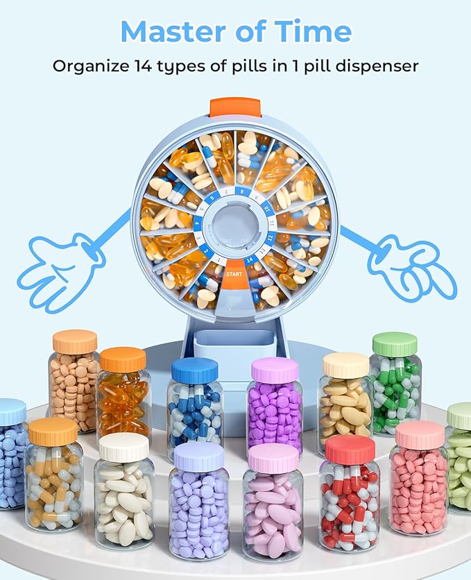 Daviky Daily Pill Dispenser, Large Capacity 14-Day Pill Organizer Box | Push Button Dispensing, Easy Open, Wall-Mounted or Standing, 14 Compartments, Senior-Friendly, for Medication & Vitamins
