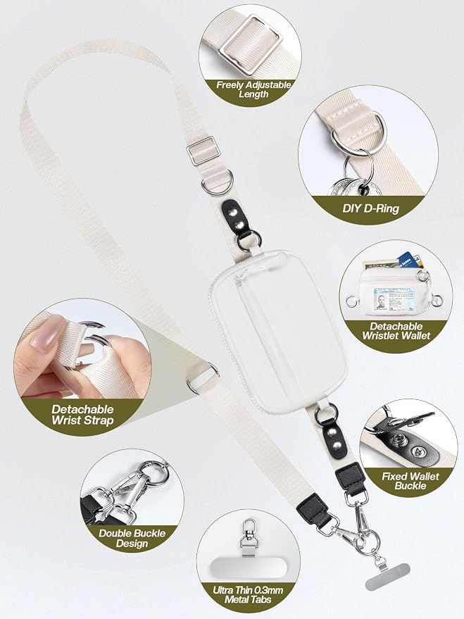 Tiostep Clip and Go Strap for Phone with Wallet Crossbody Phone Lanyard Adjustable and Detachable RFID Wristlet Wallet (Cream, Large)