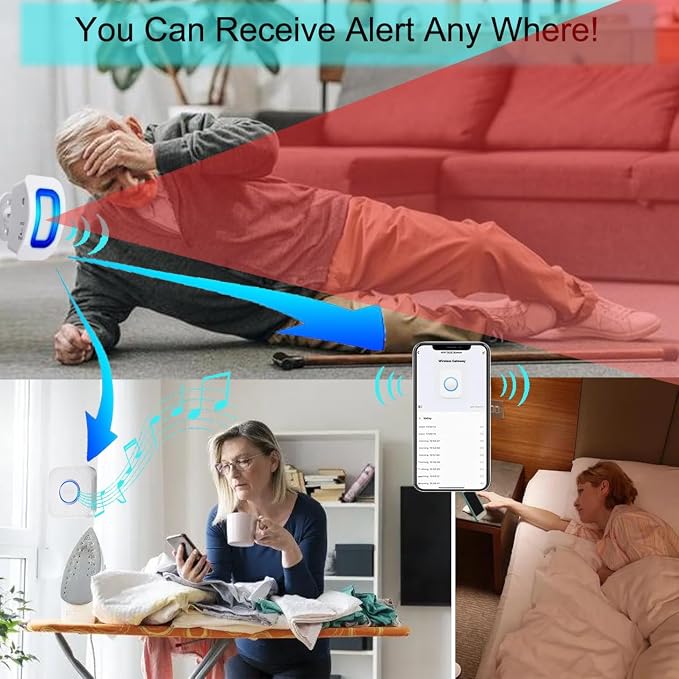 Smart Bed Sensor Alarm and Fall Prevention for Elderly/Dementia,WiFi Wireless Caregiver Pager Motion Sensor Alarm with App (only Supports 2.4GHz WiFi) (1 WiFi Receiver 1 Motion Sensor)