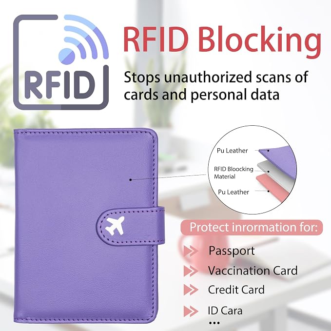 Passport Holder, Cute Travel Wallet Cover with RFID Blocking,Purple | PU leather travel wallet with magnetic closure, card slots, pen loop, and easy access for passports and essentials.