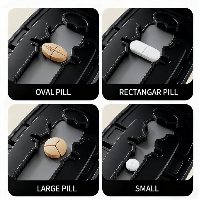 Pill Cutter Splitter for Small and Tiny Pills - Pill Cutter 1/4 - Accurately Cuts Multiple Pills - Easy Open Snap Button. Detachable Nonslip V-Shaped Pad. Wrap-Around Blade Guard. Back Storage (Black)