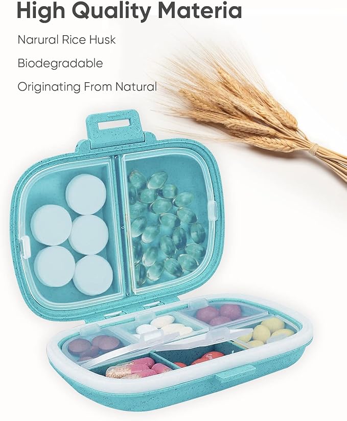 Holii Travel Pill Organizer, 8 Compartments Portable Pill Case, Daily Pill Box to Hold Vitamins, Small Pill Container for Pocket Purse Medicine Organizer（Blue）