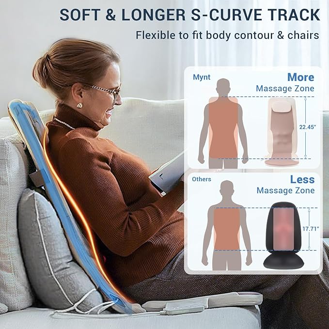 Mynt FSA Eligible HSA Approved Back Massager, Chair Massager with Soothing Heat, Flexible Massage Chair Pad with Soft S-Curve Longer Track Adjustable Pillow for Diverse Body Contours, Christmas Gift
