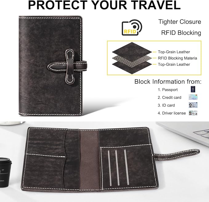 Leather Passport Holder for Travel,Passport Wallet,Dark Gray | RFID Blocking Card Slot,Top-Grain leather with Magic Buckle,Boarding Pass Pocket,Retro Style,Slim and Light-weight