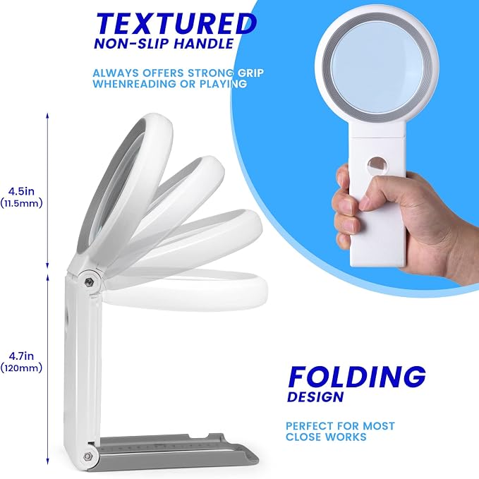Magnifying Glass with Light and Stand, Foldable Handheld Magnifying Glass 18 LED Illuminated Lighted Magnifier for Macular Degeneration, Seniors Reading, Close Work, Coins, Jewelry White