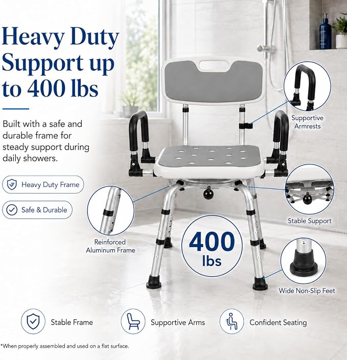 Deluxe Swivel Shower Chair with Arms & Back by CZMY, 360° Locking Seat, 5-Level Height Adjustable, Padded Heavy-Duty Bath Chair, 300 lbs, for Seniors, Elderly, & Disabled (Grey with Flip-Up Arms)
