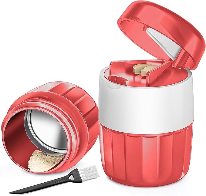 DUBSTAR 3-in-1 Pill Crusher Pill Grinder, Pill Crusher Fine Powder with Brush, Pill Crushers for Elderly with Pill Cutter and Storage, Pill Cutter Splitter for Small or Large Pills (Red)