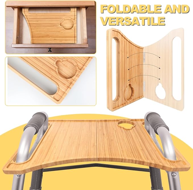 Walker Tray for Seniors, Lightweight, Foldable with Cup Holder | Tray for Folding Walker Accessories for Elderly Fits Most Standard Walkers, Portable 21.5"x15" Surface for Dining&Traveling