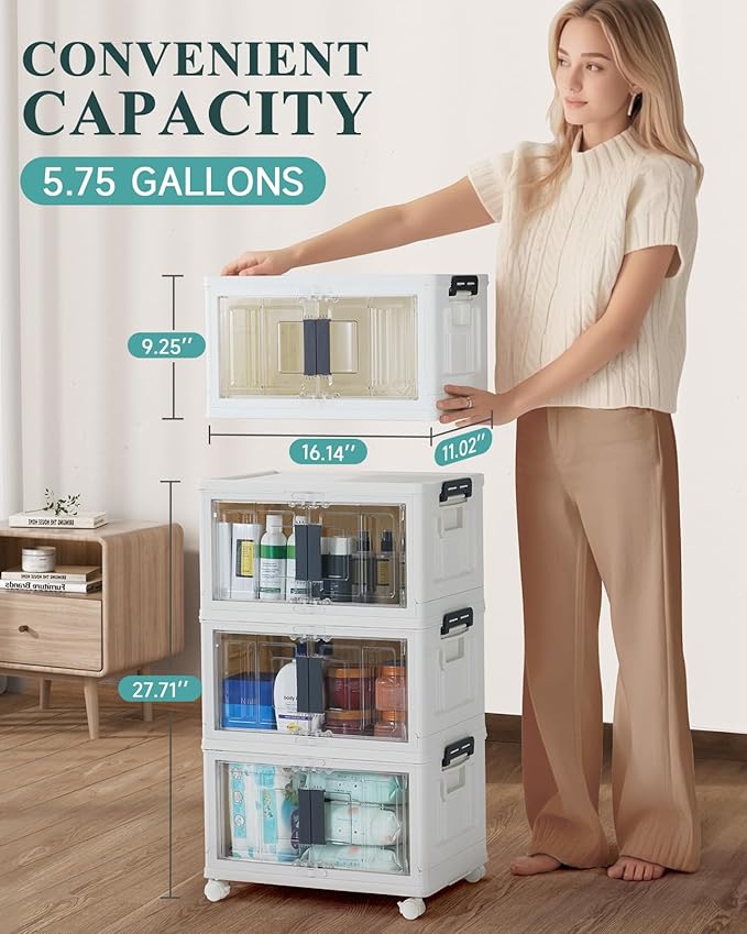 OlarHike 23QT Stackable Storage Bins with Lids - Folding Storage Box with Doors and Wheels, Collapsible Plastic Storage Bins for Closets and Organization, Bathroom, Gifts, 3 Pack Cubes