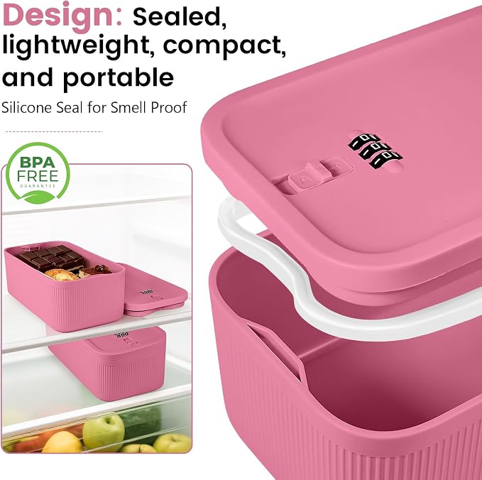 Small Lock Box, Lockable Storage Box with Combination Code for Medication Safe, Medicine Lock Box for Pills/First Aid Kits/Food/Snack Phone Jail, Locked Container for Home/Fridge/Office/School (Pink)