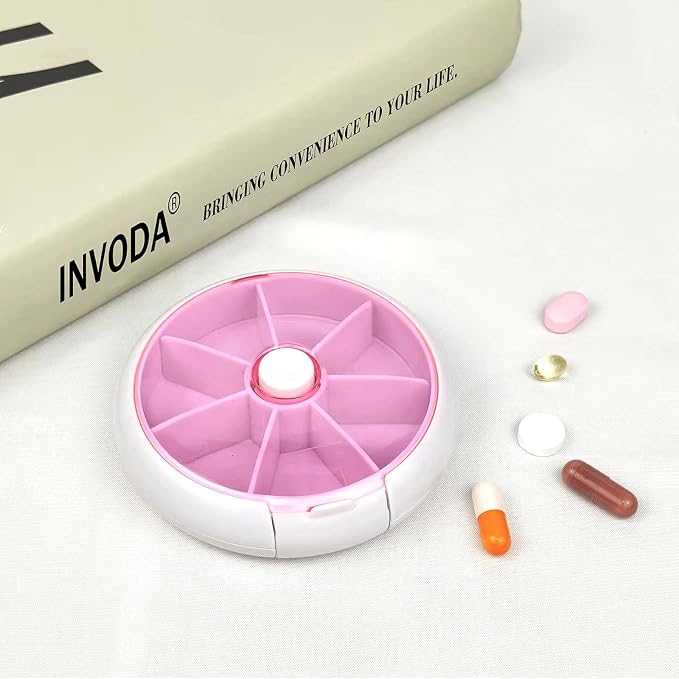 Pill Organizer Travel Pill Case for Purse Portable Pill Box Round Weekiy Pill Container for Vitamin Fish Oil Pills Supplements