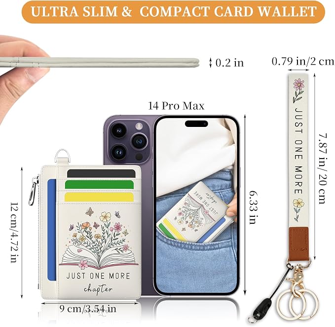 Hancynir Book Floral Slim Wallet Women Credit Card Holder, Wristlet RFID | Cute Keychain Lanyard Wallet, Travel Zipper Coin Pocket, Ladies Gifts Women, Minimalist Card Case, 6 Card Slot, PU Leather