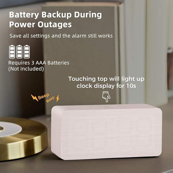 uscce Wooden Digital Alarm Clocks for Bedrooms with 0-100% Dimmable Display | Desk Clock with Large Numbers for Living Room - Loud Dual Alarm for Heavy Sleepers with Volume Control - Wood Decor & Gifts