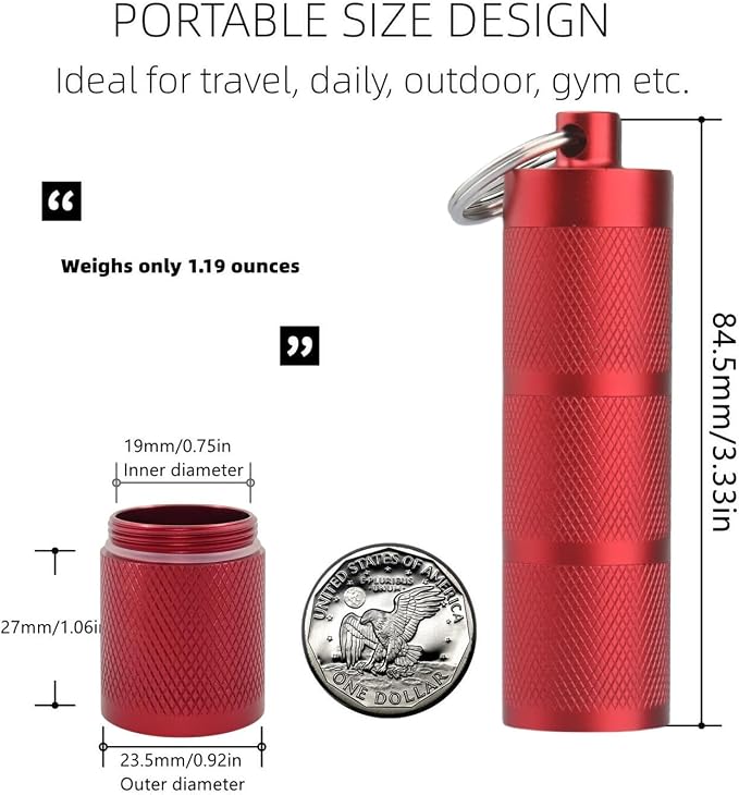 Waterproof Keychain Pill Holder - 3-Compartment, Wine Red | Anodized aluminum with a keyring. 3 detachable layers. Pocket-sized, rustproof EDC pill container