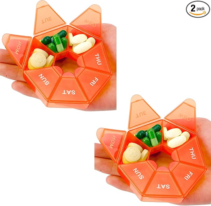 Pill Organizer, 2 Pack Pill Box, Small Pills Case,Medicine Organizers 1 Time a Day, Weekly Pills Container, Holder,Daily Medicine Organizer Travel 7 Day(Orange)