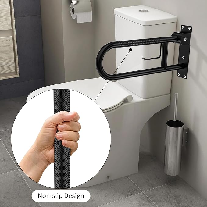 Toilet Grab Bar 22.4 Inch, YuanDe Flip Up Grab Bar with Paper Holder, Matte Black Anti-Slip Safety Bars for Toilet, Stainless Steel Knurled Toilet Handles for Seniors Disabled Elderly Pregnant