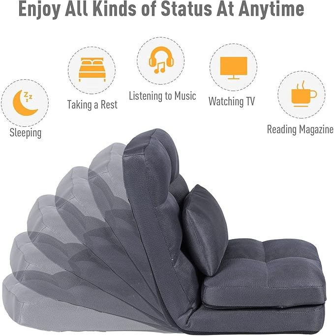 Indoor Chaise Lounge Sofa, Floor Chair with Back Support for Adults, 14 Angle Adjustment Recliner Chair, Folding Floor Lounger with Pillow 8823(Grey-2)