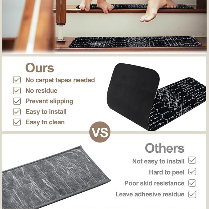 OJIA Stair Treads Non-Slip Stair Runners for Wooden Steps 15PCS 30"x8" | Indoor Carpet Stair Treads Stair Mats Staircase Step Treads for Kids, Elders and Dogs, Stair Covers, Black