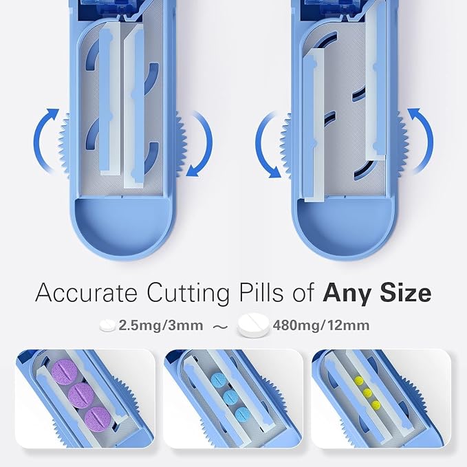ONE PIX Multiple Pill Cutter Splitter for Small and Tiny Pills, Accurate 1/2 Tablet Splitter with Adjustable Bars & Hidden Blade, Safely Cuts Large Medication for Seniors & Pets, Blue