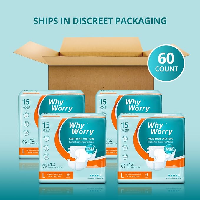WhyWorry Adult Diapers with Tabs, Maximum Absorbency, Large, 60 Count | Disposable Incontinence Briefs, for Women & Men, Leak-Proof Diaper, Overnight Protection, Odor Control, Unisex, 4 Packs of 15