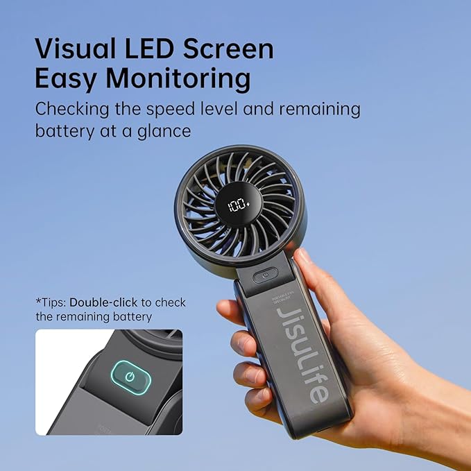 JISULIFE Portable Handheld Fan Life7: 3-in-1 Hand, Desk & Neck Fan-Black | 19.5H Max Cooling, 5-Speed, LED Display, 5000mAh Rechargeable,USB Foldable Fan for Travel/Concerts/Cruise/Sports Events/Gifts