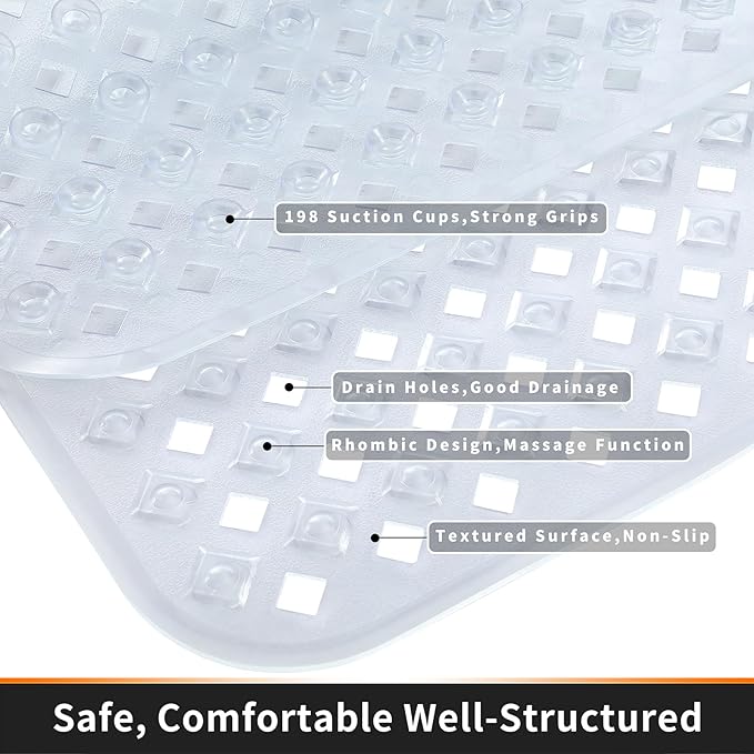 Yimobra Bathtub Mat Non Slip, Super Strong Suction Cups, 27.5"x15.5" Long Shower Mat with Drain Holes, Machine Washable Fast Draining Bath Mats, Bathroom Essentials,Clear