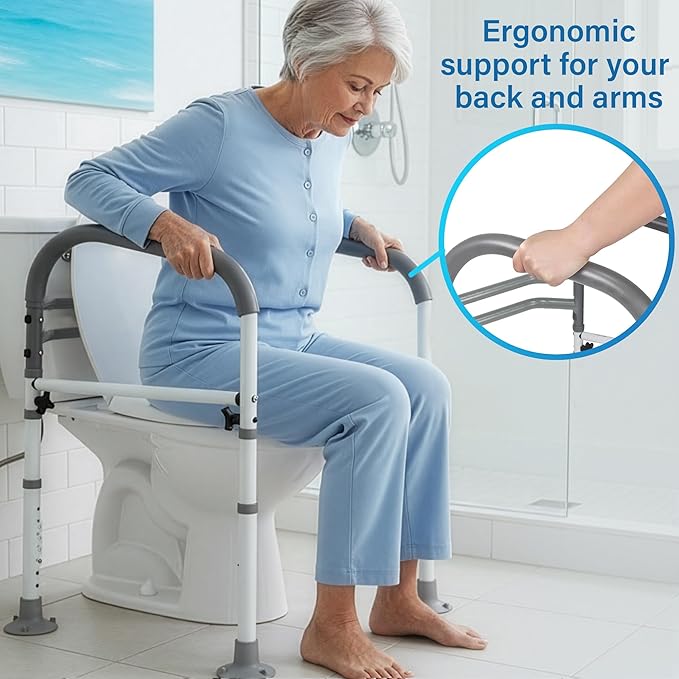 Vaunn Medical Deluxe Adjustable and Foldable Toilet Safety Frame, Bathroom Handrail Assist Grab Bar Handle (White, Adjustable Width and Height)