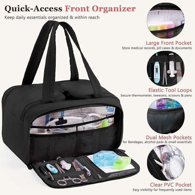 Travel Medicine Storage Bag with 2 Compartments, Wide-Mouth Medical Organizer, Puffy Lightweight First Aid Bag for Prescription Bottles, Pill Cases, Medical Supplies & Family Emergency Essentials