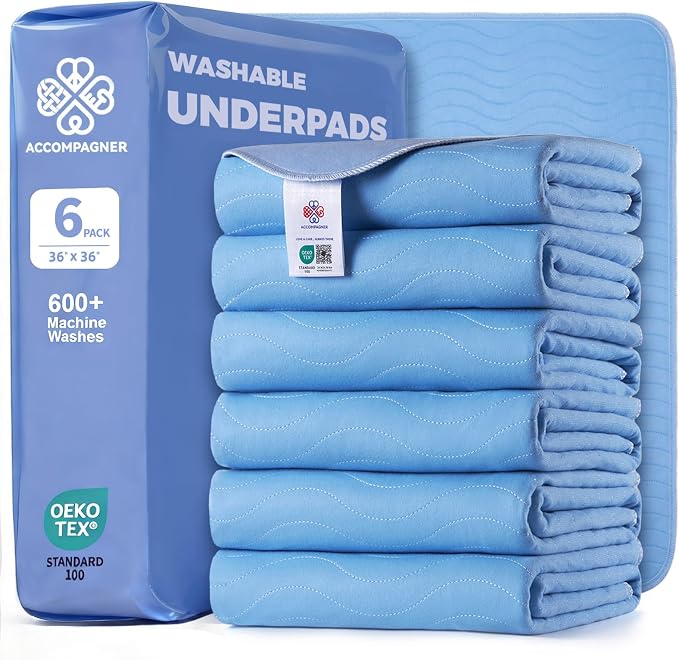 Accompagner Incontinence Bed Pads Washable Waterproof, Ultra-Absorbent Reusable Underpads for Diaper Changing, Nursing, Bedridden, Adults, Seniors, Kids and Dogs (Blue, 36"x36"(Pack of 6))