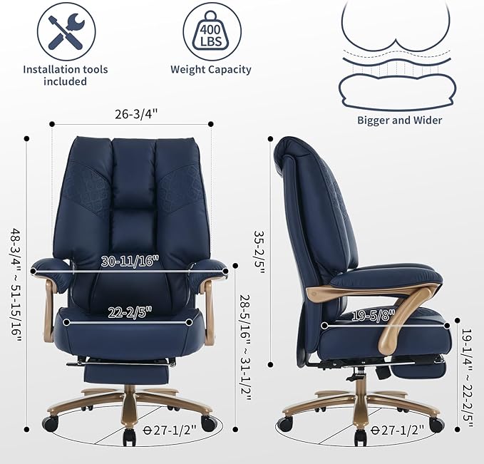 Big and Tall Executive Office Chair with Footrest, 400LBS Capacity Ergonomic High-Back Desk Office Chair with Lumbar Support, Padded Armrests & Thick Cushion, Blue PU Leather Chairs