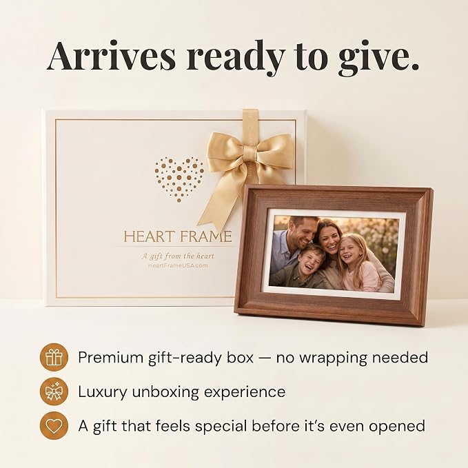 Heart Frame - 10.1 Inch WiFi Digital Picture Frame - Frameo App Sends Photos from Phone Anywhere in Seconds - 1280x800 IPS Touchscreen - 32GB Memory - Photo Gift for Mom Dad Wife Grandparents - Brown