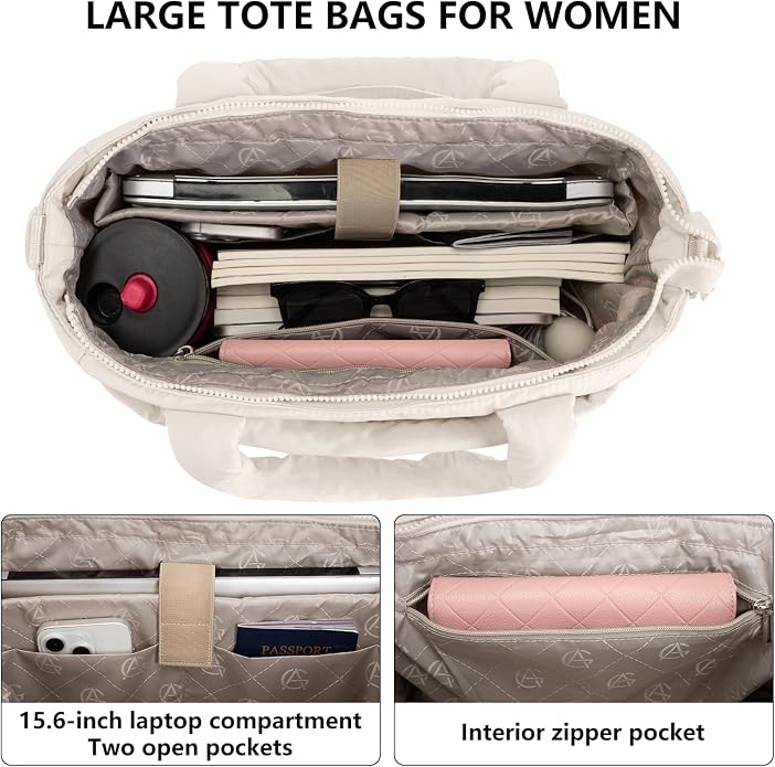Puffer Tote Bag for Women Quilted Nurse Bag Lightweight Work Bag for Teacher Travel Handbag with Multiple Pockets