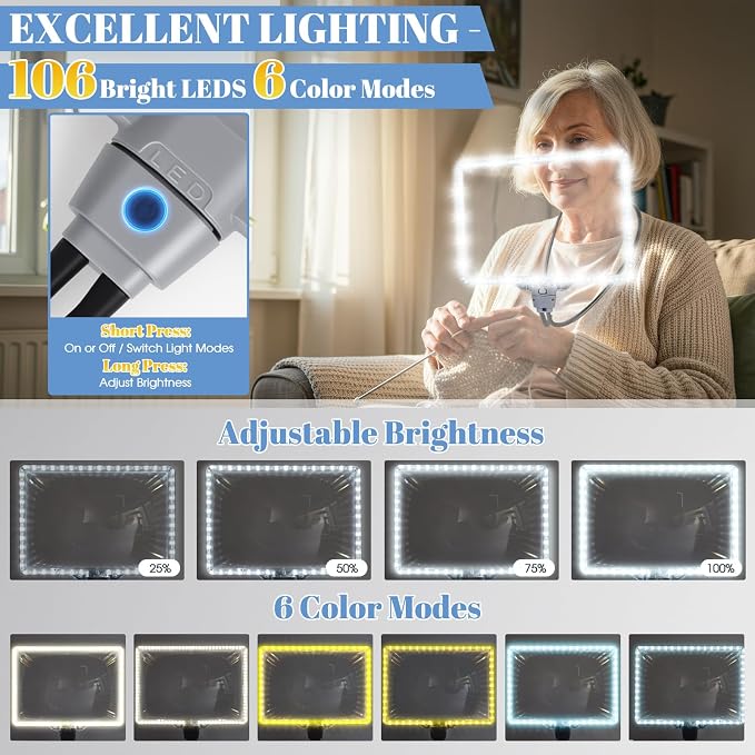Magnifying Glass with Light Hands Free, Rechargeable Full Page Magnifier | 8" x 11" Extra Large • 106 LEDs • 6 Color Modes • Storage Bag • Ergonomically design • Flexible Gooseneck • Grey