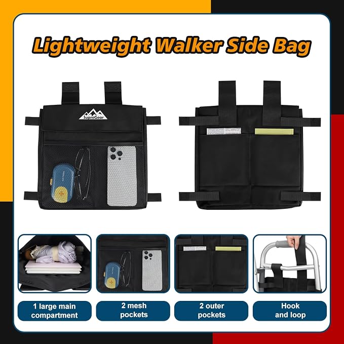 supregear Walker Side Bag, Multi Pocket Storage Pouch for Folding Walker, Water Resistant Lightweight Hand Free Carrier Tote, Universal Size Seniors Caddy Attachment