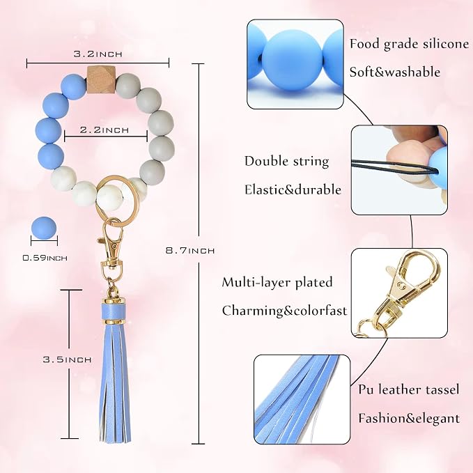 BAOSIWA Silicone Beaded Bracelet Keychain Wristlet Key Ring Bangle Chains for Women with Leather Tassel
