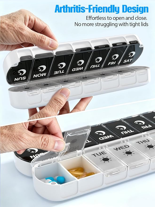 Gelibo Pill Organizer 2 Times a Day,Magnetic Foldable Weekly AM PM Pill Case, Large Travel Pill Box for Vitamins,Supplements,Medication Organizer 7 Day,Never Spill Pills,Easy to Open for Arthritis