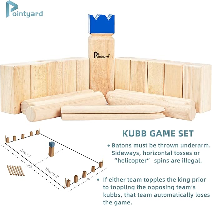 Kubb Yard Game Set Viking Chess Outdoor Hevea Hardwood Toss Game for Adults & Families - with 10 Blocks, 6 Batons, Carrying Bag | Perfect for Backyard Lawn Beach Party BBQ Camping