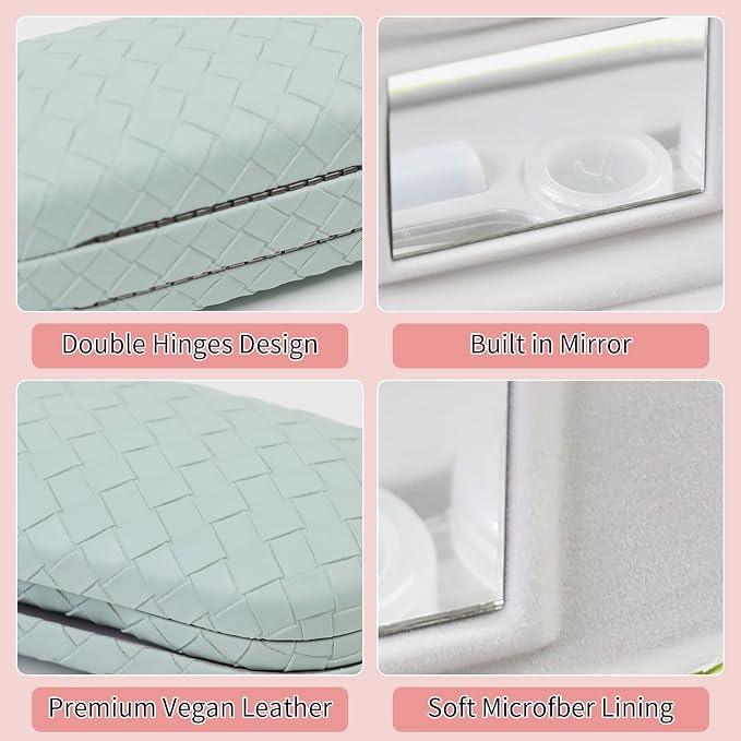 2 in 1 Contact Lens Case and Eyeglasses Case for Women Men Kids, Double Sided Hard Shell Portable Glasses Travel Holder with Built-in Mirror, Contact Lens Box Storage Kit, Green