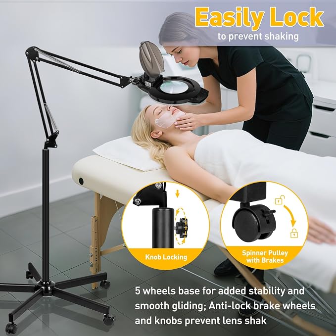 2200 Lumens Mag Lamp for Estheticians, 2-in-1 Magnifier Floor Light | 144 LED Stepless Dimmable, 10X Real Glass, 4 Wheel Rolling Stand Mag Lamp for Estheticians Facial Tattoo Craft Reading