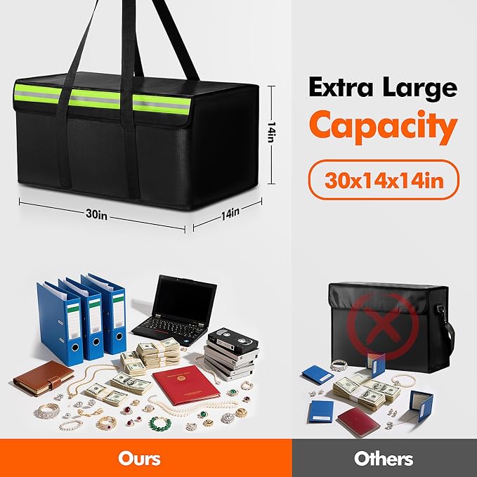 Large Fireproof Document Bag for Home Safe Storage, 30 x 14 x 14in, Black | 2000°F fireproof document box, 4-layer fiberglass important document storage for photo, file and cash with reflective strip