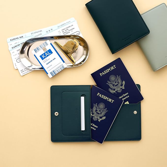 Premium RFID Blocking Leather Passport Holder & Wallet –Dark Green | Family Travel Document Organizer – for 2 Passports, Cards, Boarding Passes & Travel Essentials