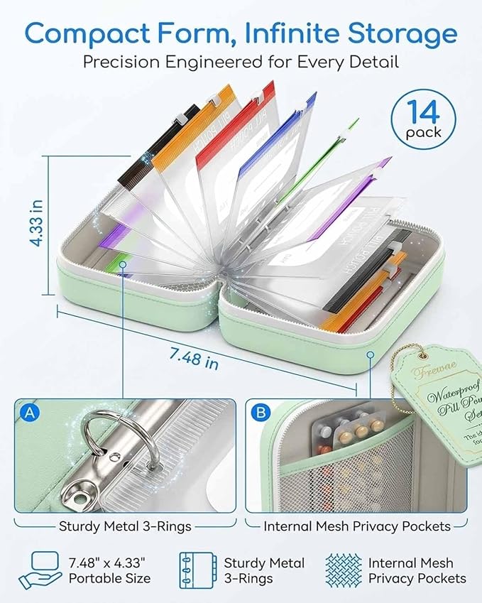 Waterproof Pill Organizer A8 Binder Set Pill Pouches for Travel 14PCS Bags Inside Large Zippered Pouch Bpa-Free Weekly Medicine Air Tight Pocket Color-Coded Reusable Travel Storage System