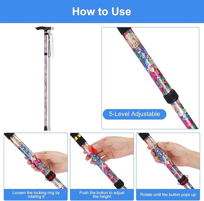 supregear Folding Cane, 5-Level Adjustable Height Walking Stick Lightweight Collapsible Portable Travel Cane with Wrist Strap and T Handle for Elderly Disabled Men Women