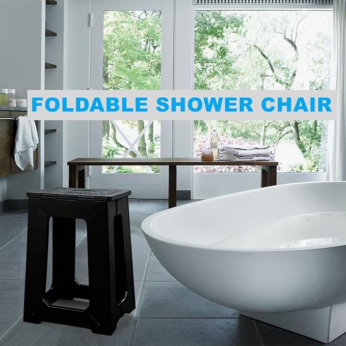 Foldable Waterproof Plastic Shower Chair, Anti-Slip Design, Space-Saving Foldable Storage, 330lbs Weight Capacity, Black