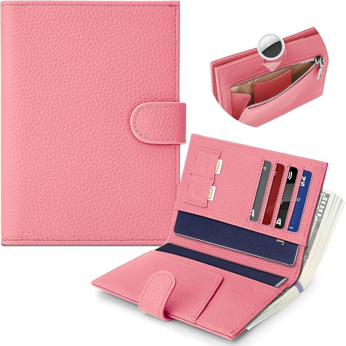 Genuine Leather Passport Holder for Women Men, Hidden Airtag Pocket, RFID Blocking, Zippered Coins Pocket & Cash Compartment Travel Gifts Essentials Passport Cover Case - Hot pink