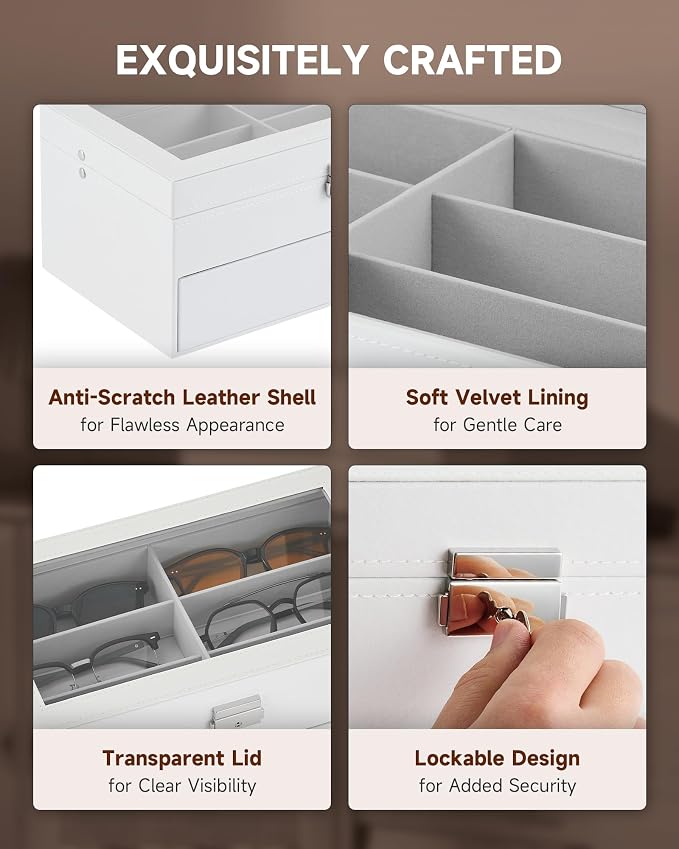 CO-Z Sunglasses Organizer with 12 Slots, Leather Eyeglasses Storage Box for Women Men, 2 Story Lockable Display Case for Multiple Glasses, Sunglasses Jewelry Collection Holder with Drawer, White
