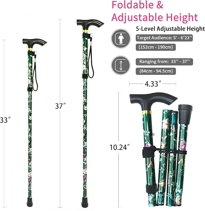 Folding Canes for Men and Women, Floral | 5-Level Adjustable Height, Lightweight Collapsible, Aluminum, Wrist Strap, T Handle, Walking Sticks for Seniors Adults